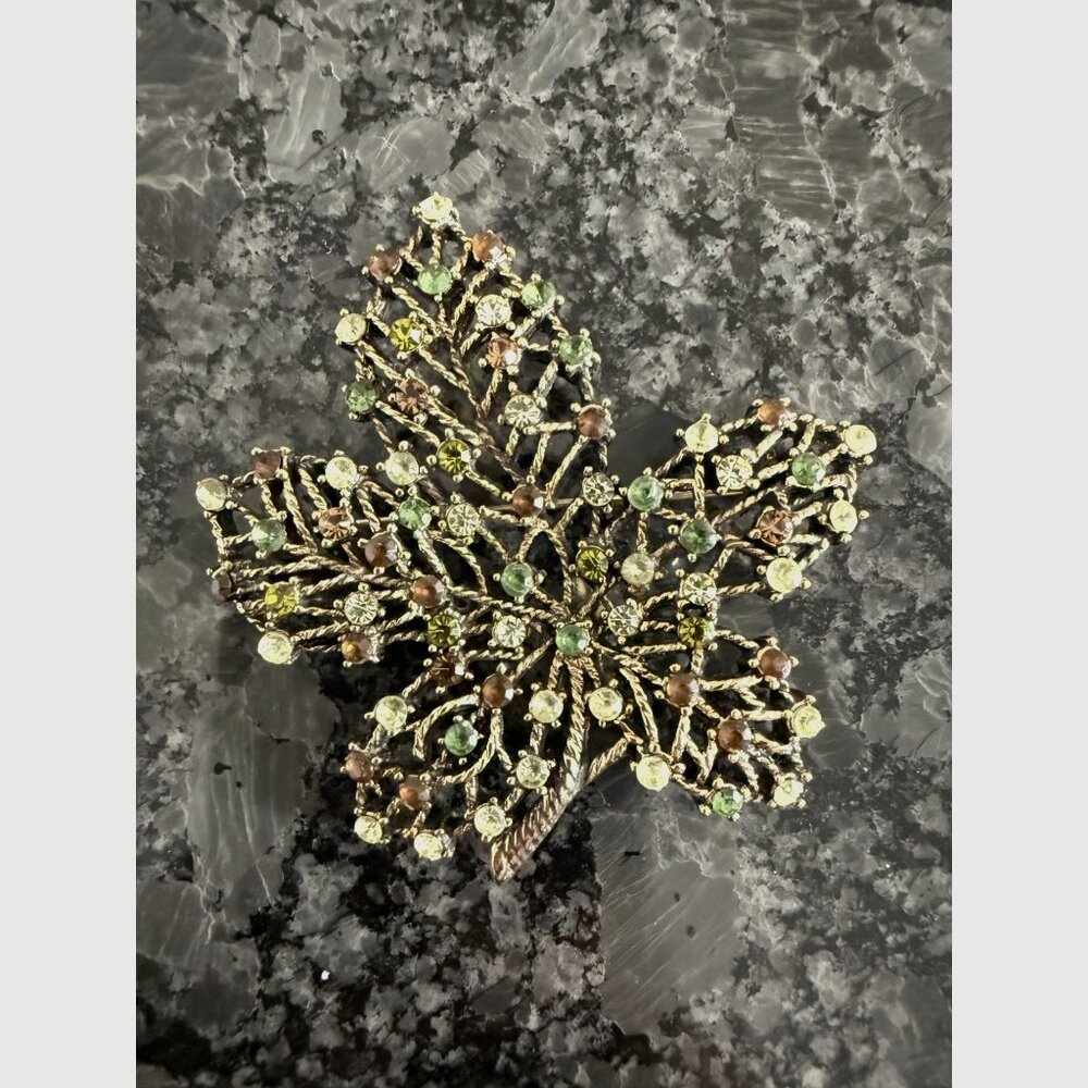 Vintage Monet Leaf Brooch With Green & Brown Rhinestones Gold-Tone Fall Jewelry